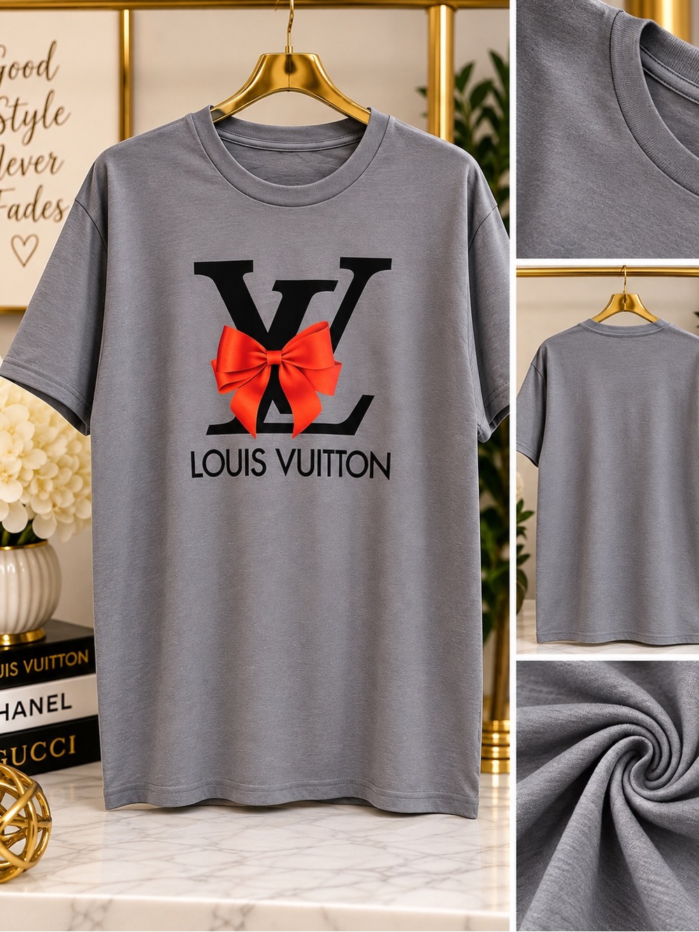 Gray Logo T-Shirt with Red Christmas Bow-Plus Size